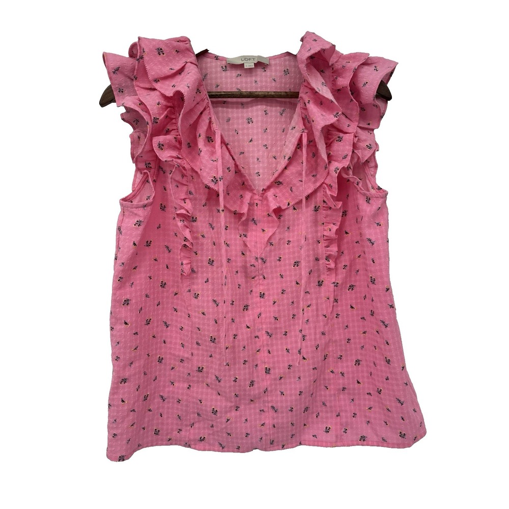 LOFT Ann Taylor Pink Floral Ruffle Dainty Preppy Top Blouse M coquette spring‎